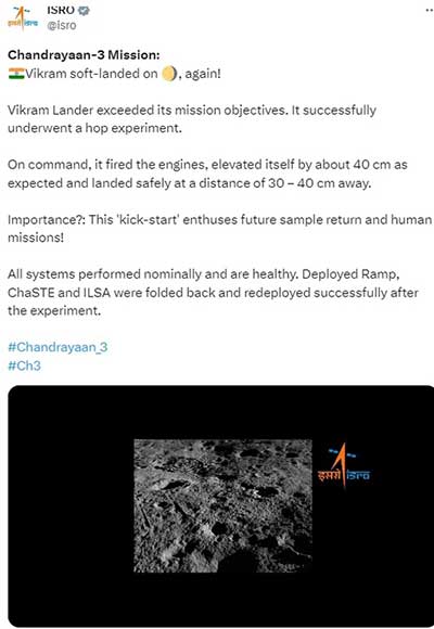 India’s moon lander Vikram hopped & soft landed again
