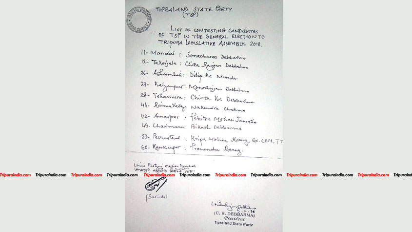 TSP declares candidate names for ensuing assembly election