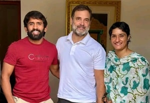 Vinesh, Bajrang call on Rahul Gandhi amid talks of debut in Haryana polls